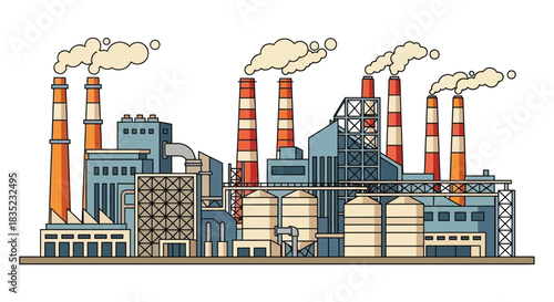 Industrial complex with multiple factory chimneys emitting smoke showing pollution