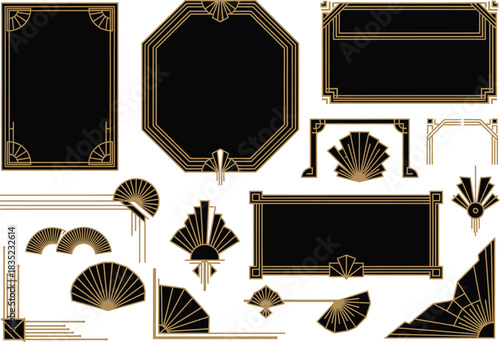 Art Deco Frames and Design Elements Collection with Golden Accents on Transparent Background