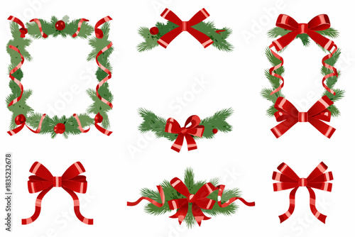 Christmas decorations with greenery red bows and ribbons