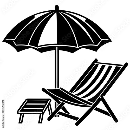 Black and white illustration of a beach umbrella and lounge chair