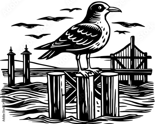 Seagull perched on wooden posts by the water with birds flying
