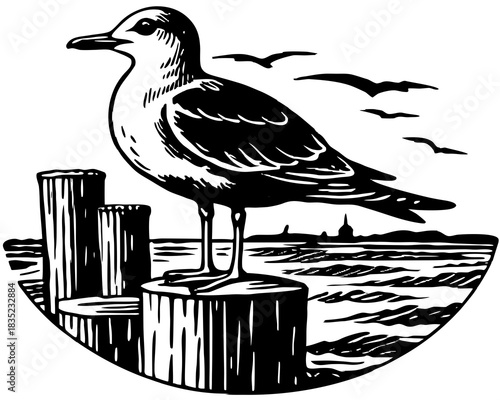 Seagull perched on a wooden post with birds flying in the background