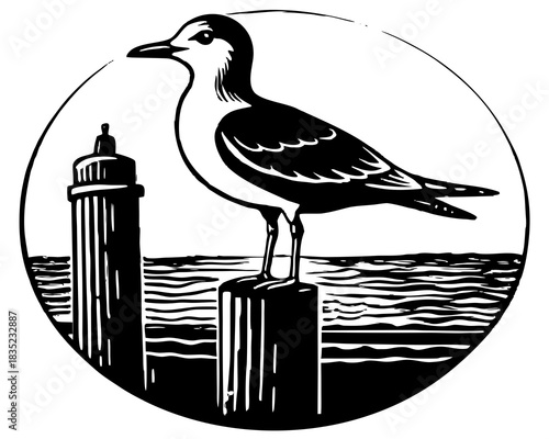 Seagull perched on a post with a lighthouse and ocean waves