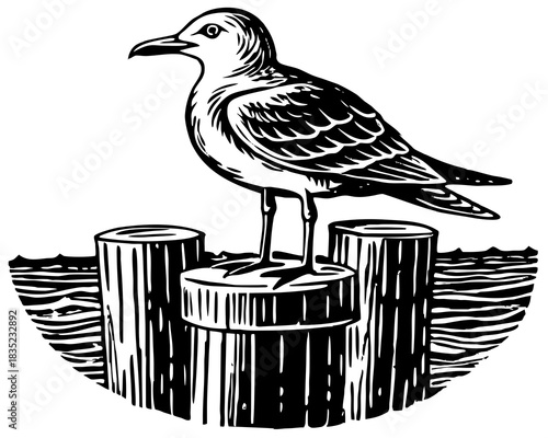 Black and white illustration of a seagull standing on wooden pilings in the water