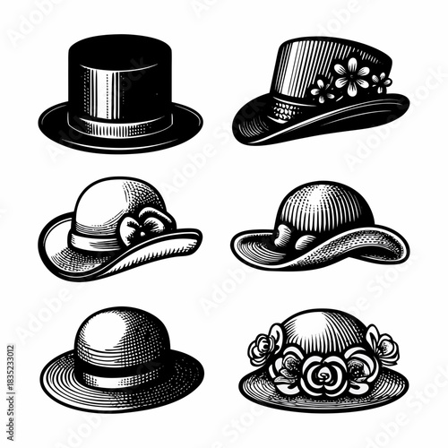 Collection of vintage hats and headwear in black and white illustration style