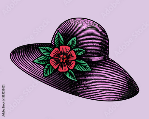 Vintage wide brim hat with red flower and green leaves illustration
