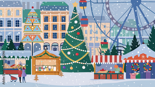 Charming winter christmas market scene with ferris wheel and snowfall