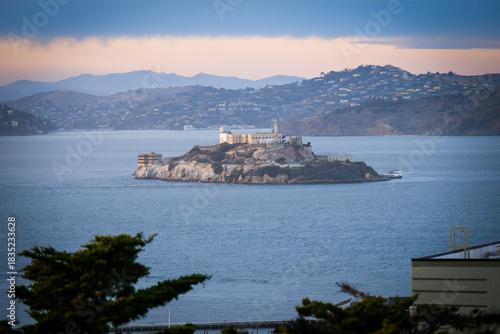 Alcatraz island and prison in San Francisco Bay, viewed from the top of Telegraph Hill.