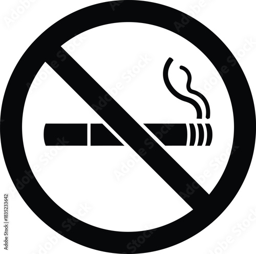 Black Circular No Smoking Sign with Cigarette and Smoke on White Background