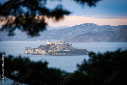 Alcatraz island and prison in San Francisco Bay, viewed from the top of Telegraph Hill.
