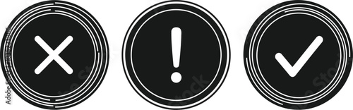 Black Rounded Icons Featuring Cross, Exclamation Point and Check on White