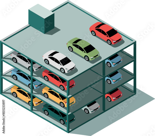 Isometric Multi-Level Parking Garage with Cars Vector Illustration