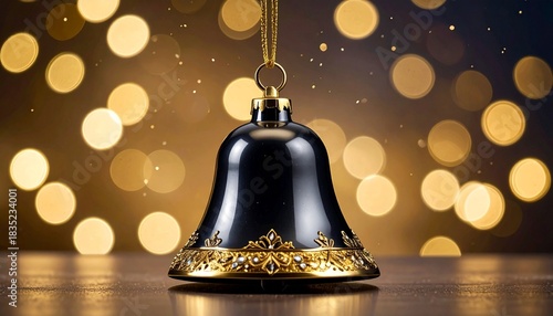 Wallpaper Mural Festive Bell Ornament: A meticulously crafted black bell ornament, adorned with elegant gold detailing, hangs gracefully against a bokeh background. Torontodigital.ca