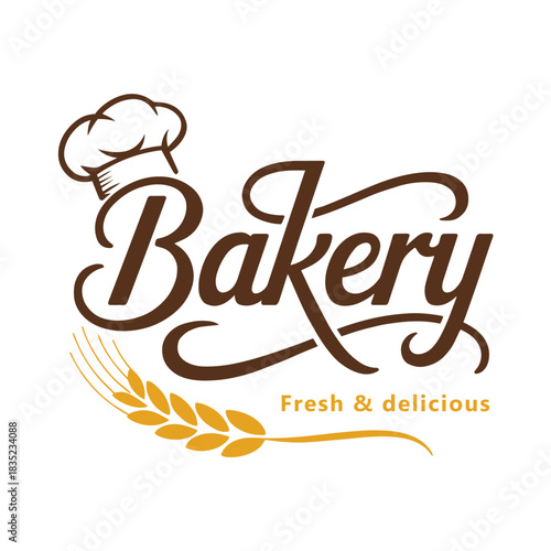 bakery logo featuring a chef’s hat, wheat stalk, and cursive typography in brown and yellow, evoking warmth and artisanal quality.