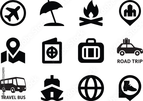 Bold travel icon set in vector silhouette style, ideal for tourism, map, vacation, transport and adventure.