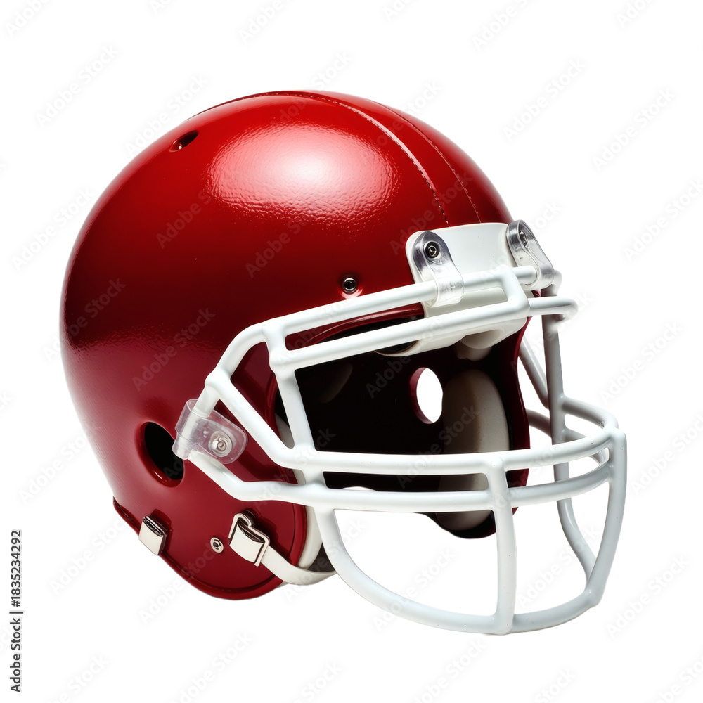 Fototapeta premium Red american football helmet with white facemask on white background