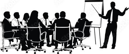 Business meeting, office teamwork, corporate discussion, professional collaboration, conference room, seated group, brainstorming session, workplace communication, leadership, strategy planning