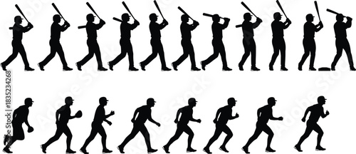 Detailed baseball player vector silhouette sequence, showing the full batting swing and base running cycles, ideal for animation frames, sports action, and athletic movement graphics.