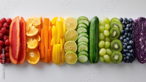Wellness rainbow fruit and vegetable arrangement showing fresh colorful produce slices and whole pieces evoking calm joy