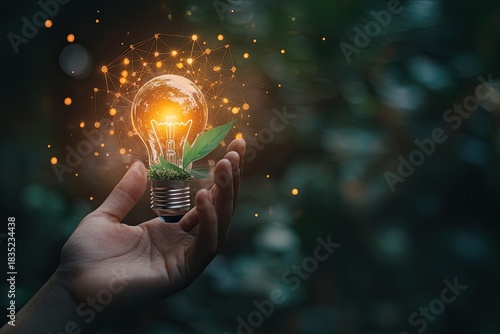 Human hand interacting with futuristic green eco technology data interface.