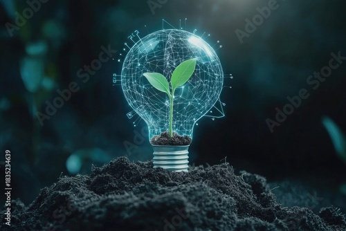 Human hand interacting with futuristic green eco technology data interface.