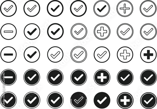 Check Mark Plus Minus Circle Icon Set, Confirmation Buttons, Approval Design,