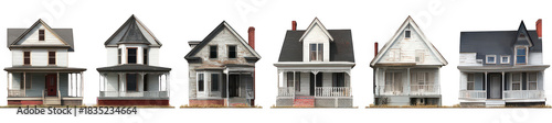 A row of five distinctively styled houses varying architectural designs and conditions. set against a clear sky. with potential for real estate or renovation themes