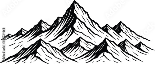 Hand drawn mountain range illustration in black and white vector art