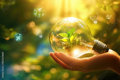 Human hand interacting with futuristic green eco technology data interface.