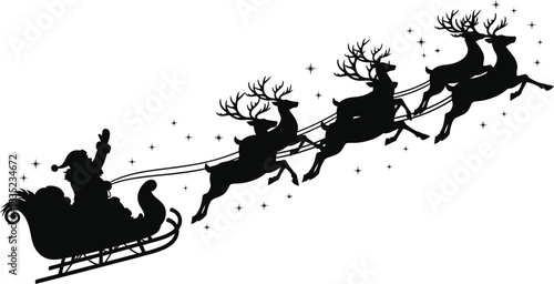 Santa claus riding sleigh pulled by reindeer silhouette on white background