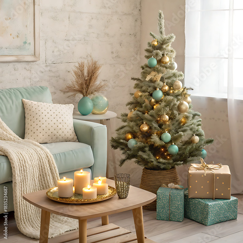 Elegant living room with decorated christmas tree and presents