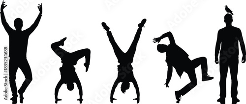 Silhouette of people in various poses with a bird on head