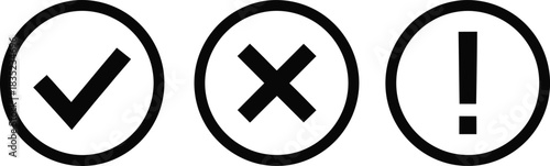 Check Mark, Cross Mark, and Exclamation Mark in Circles on White Background