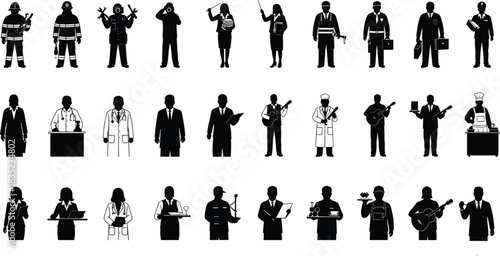 Diverse Collection of Professional Silhouettes, Including Firefighters, Doctors, Businesspeople, and Service Workers, Representing Employment, Career Paths, Industry, and Workforce Diversity.