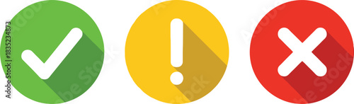 Check Mark, Exclamation, & Cross Icons Set | Green, Yellow, Red Circles & Shadows