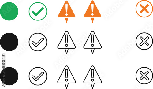 Check Mark, Exclamation, and Cross Icons in Green, Orange and Black on White