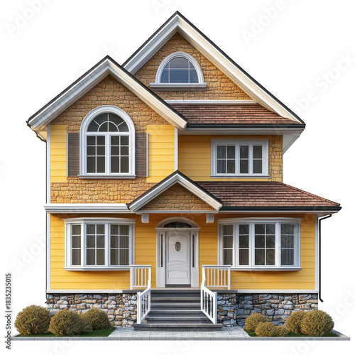 A charming. modern yellow house featuring elegant architectural details. surrounded by manicured bushes and a welcoming front porch. set against a clear blue sky. ideal for real estate listings