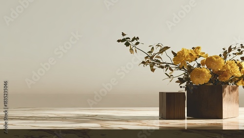 Yellow flowers in a wooden vase adorn a marble surface.