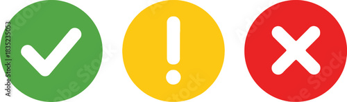 Check, Warning, Error Icon Set in Flat Design Style Isolated on White Background