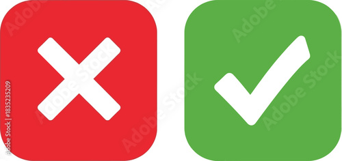 Checkmark and Cross Mark on Rounded Square Icons, Correct and Incorrect Signals
