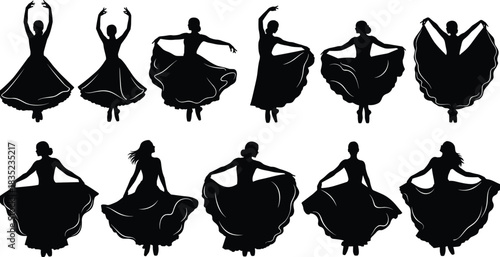 Dancer silhouettes in motion, elegant poses with flowing dresses, classical dance vector illustration, graceful movement design for art, culture, and performance themes
