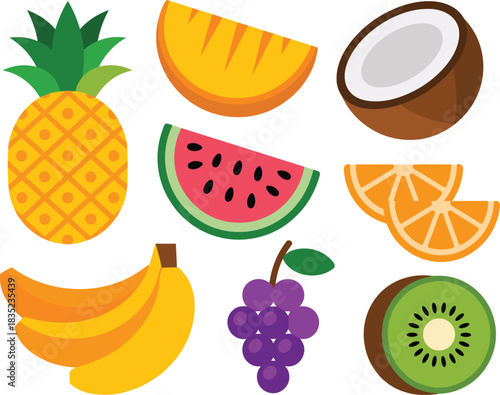 Vector illustration of a fresh set of drinks with cocktails juice fruit glasses ice and straws isolated on white background