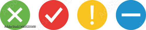 Checkmark, Exclamation,Cross, Minus in Circles on White Background Icon Symbols