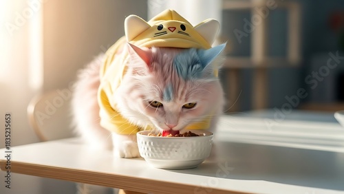 Minimalist Pet Accessories on Clean Table Colorful Cat Dining in Style