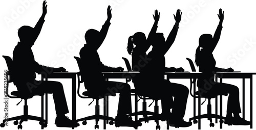 Students raising hands in classroom, silhouette learners seated at desks, educational participation, active learning, school engagement, vector illustration for academic themes