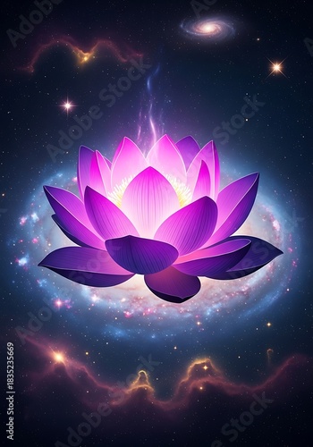Ethereal lotus bloom radiating light against a celestial galaxy backdrop