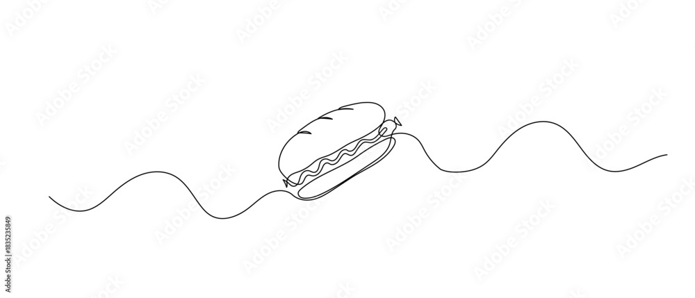 Obraz premium Hot dog one line illustration. Hand drawn doodle vector fast food sketch isolated on white background.