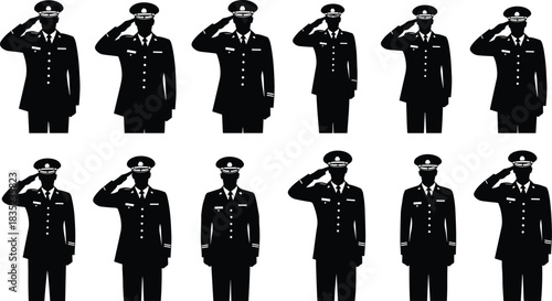 Military personnel saluting in formation, silhouette soldiers in uniform, patriotic ceremony, discipline and honor, armed forces tribute, vector illustration for commemorative design
