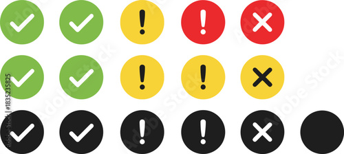 Circle Check Mark, Cross and Exclamation Signs Icon Set in Various Colors