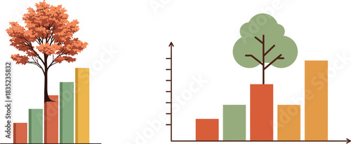 Conceptual illustration of a growing tree on a rising bar chart symbolizing financial growth and investment success over time